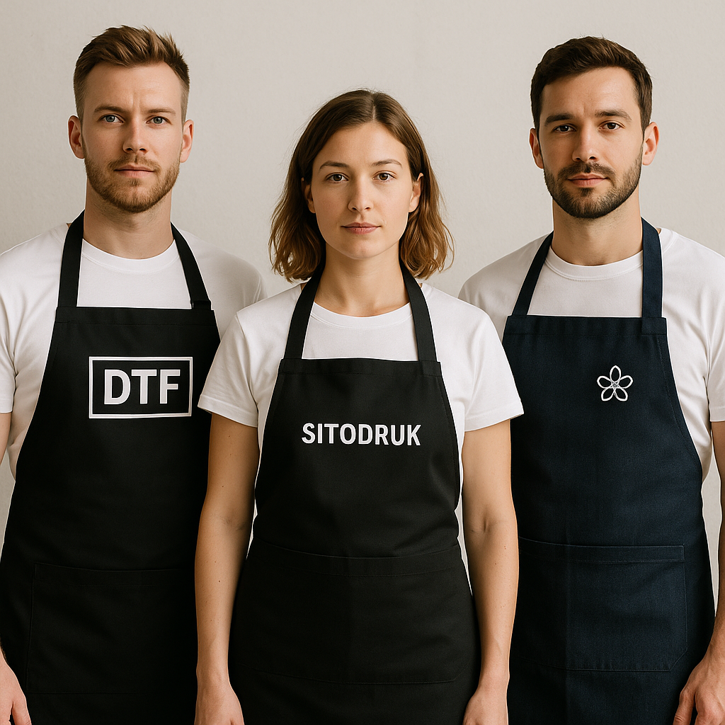 Fartuchy z nadrukiem: porównanie metod DTF, sitodruku i haftu