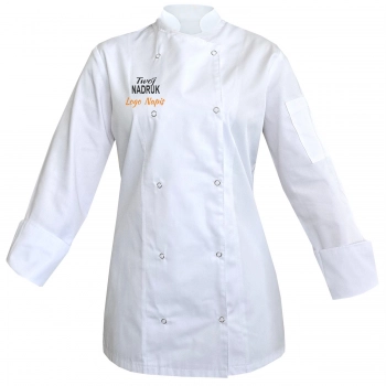 Bluza kucharska biała damska na napy długi rękaw z twoim logo nadrukiem  roz. M – bluza kucharska – odzież gastronomiczn