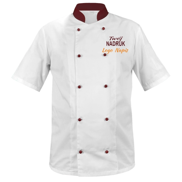 Bluza kucharska kitel biały z wstawkami bordowymi z twoim nadrukiem logo roz. M – bluza kucharska – odzież gastronomiczn