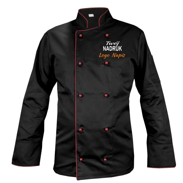 Bluza kucharska kitel czarny z lamówką bordową z twoim nadrukiem logo roz. L – bluza kucharska – odzież gastronomiczna d