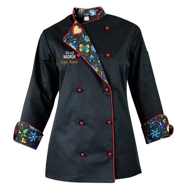 Bluza kucharska damska kitel czarny W4 z twoim nadrukiem logo roz. XS – bluza kucharska – odzież gastronomiczna dla kuch