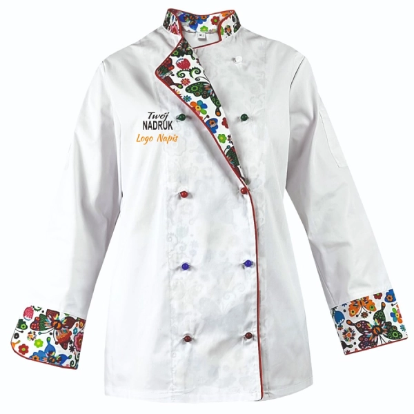 Bluza kucharska damska kitel biały W3 z twoim nadrukiem logo roz. M – bluza kucharska – odzież gastronomiczna dla kuchar