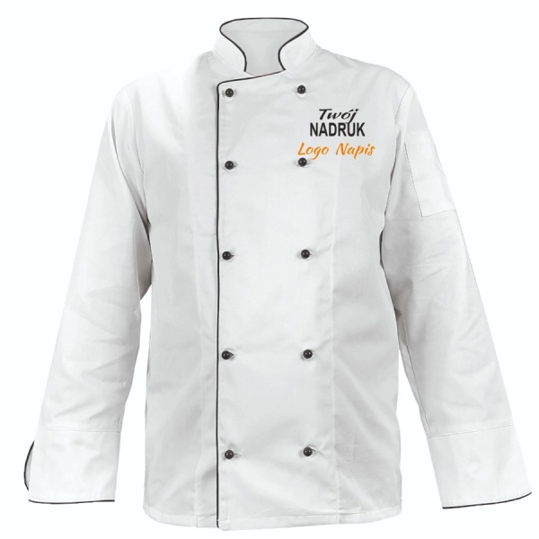 Bluza kucharska kitel biały z lamówką czarną z twoim nadrukiem logo roz. L – bluza kucharska – odzież gastronomiczna dla