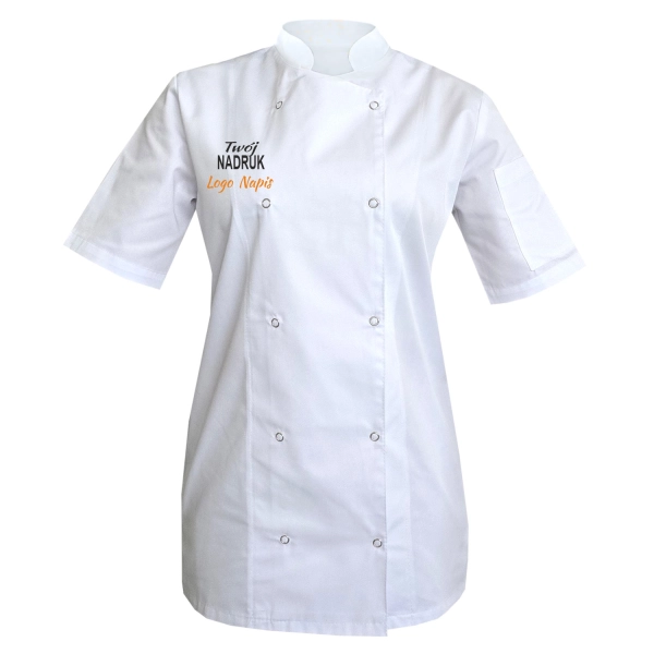 Bluza kucharska biała damska na napy krótki rękaw z twoim logo nadrukiem  roz. S – bluza kucharska – odzież gastronomicz