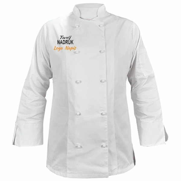 Bluza kucharska damska kitel biały z twoim nadrukiem logo roz. M – bluza kucharska – odzież gastronomiczna dla kucharzy