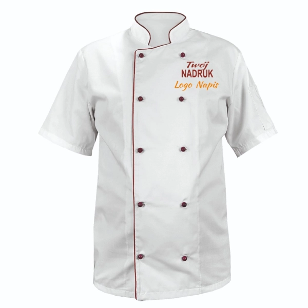 Bluza kucharska kitel biały z lamówką bordową z twoim nadrukiem logo roz. S – bluza kucharska – odzież gastronomiczna dl