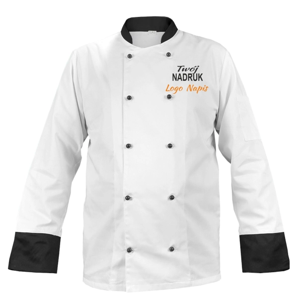 Bluza kucharska kitel biały z wstawkami czarnymi z twoim nadrukiem logo roz. S – bluza kucharska – odzież gastronomiczna