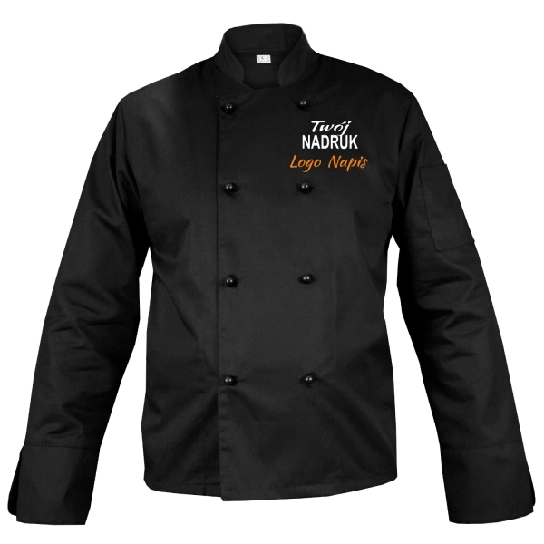 Bluza kucharska czarna na guziki z twoim nadrukiem logo napisem roz. 3XL – bluza kucharska – odzież gastronomiczna dla k