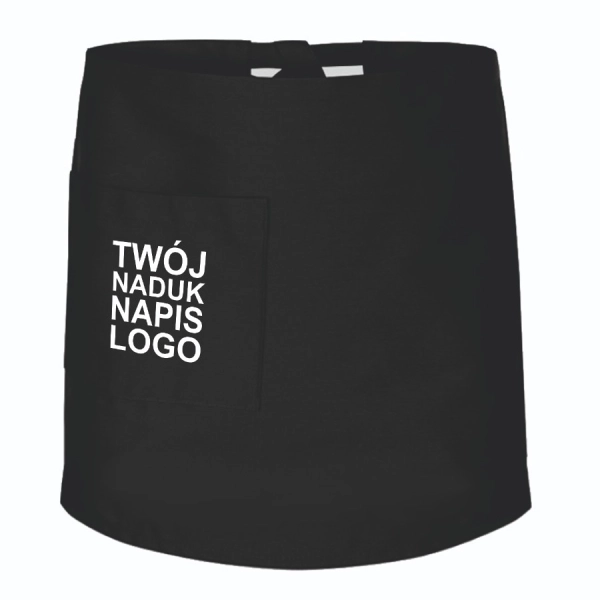 Zapaska długość 50cm czarna z twoim logo nadrukiem napisem – zapaska kelnerska – odzież gastronomiczna dla kelnerów i ku